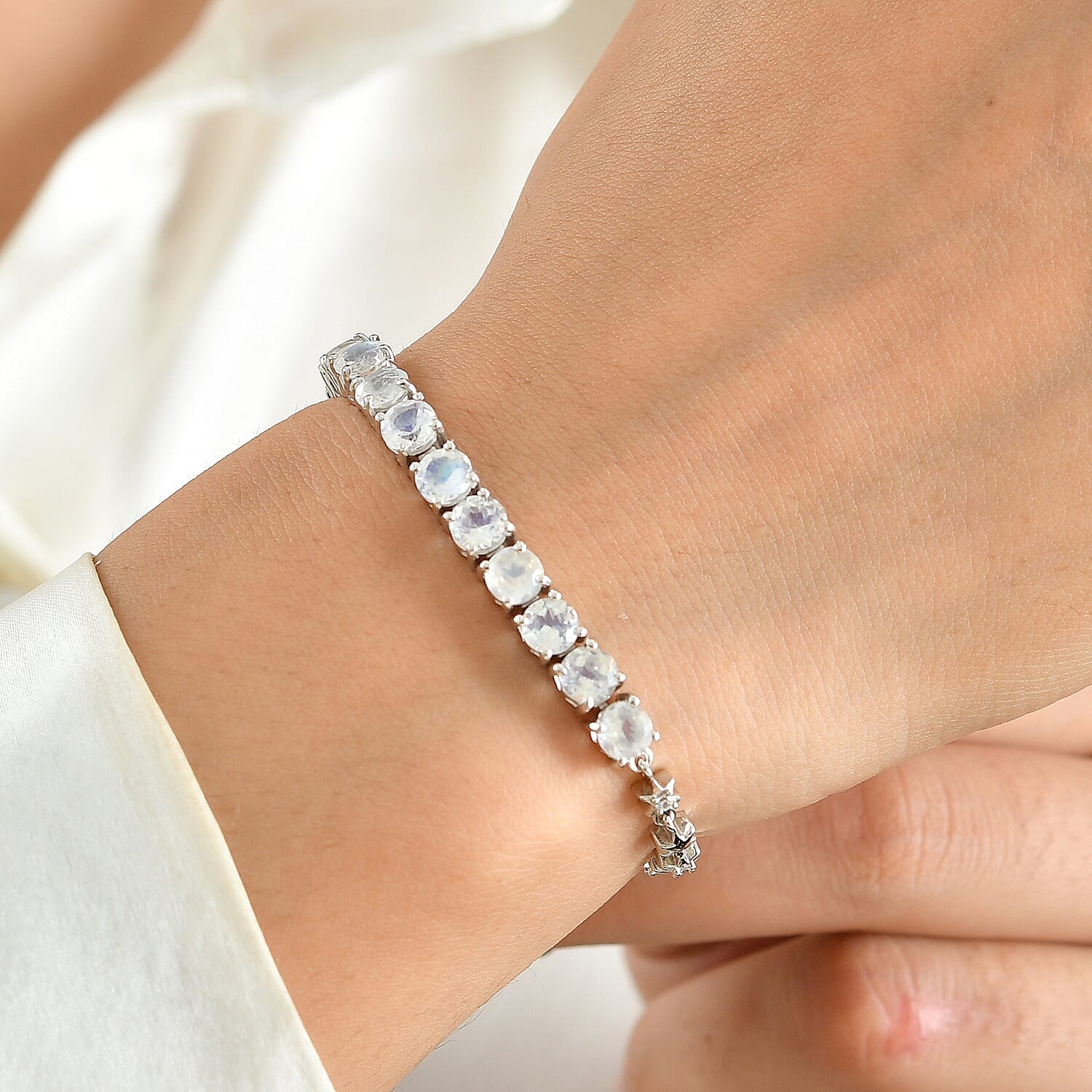 EverTrue Premium Rainbow Moonstone and White Zircon 5.00 ctw Bracelet in Platinum Bond (6.50 In)