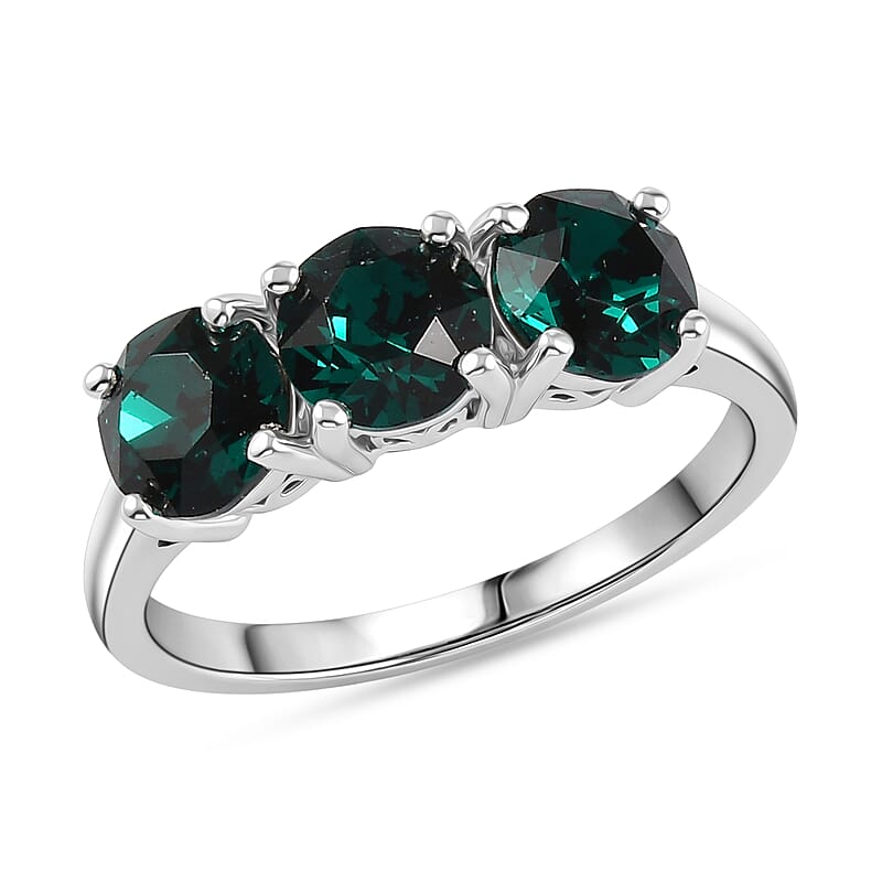 Emerald Swarovski Crystal Ring in Platinum Over Sterling Silver (Size 6.5)