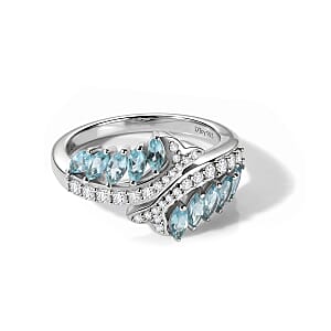 D'Joy Premium Betroka Blue Apatite and Moissanite 1.20 ctw Fishtail Ring in Rhodium Over Sterling Silver (Size 10.0)