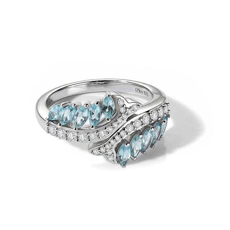 D'Joy Premium Betroka Blue Apatite and Moissanite 1.20 ctw Fishtail Ring in Rhodium Over Sterling Silver (Size 5.0) (Ships in 10-12 Days)