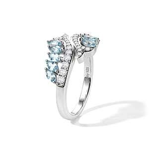 D'Joy Premium Betroka Blue Apatite and Moissanite 1.20 ctw Fishtail Ring in Rhodium Over Sterling Silver (Size 5.0) (Ships in 10-12 Days)
