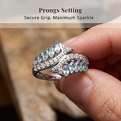 D'Joy Premium Betroka Blue Apatite and Moissanite 1.20 ctw Fishtail Ring in Rhodium Over Sterling Silver (Size 5.0) (Ships in 10-12 Days)
