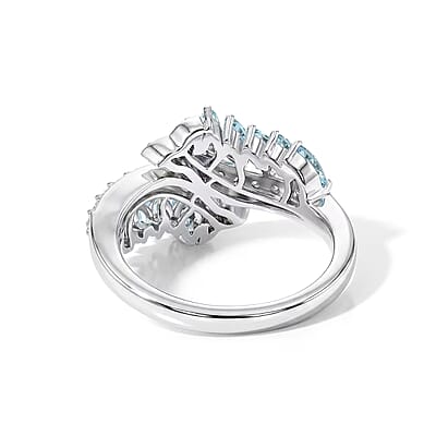 D'Joy Premium Betroka Blue Apatite and Moissanite 1.20 ctw Fishtail Ring in Rhodium Over Sterling Silver (Size 5.0) (Ships in 10-12 Days)