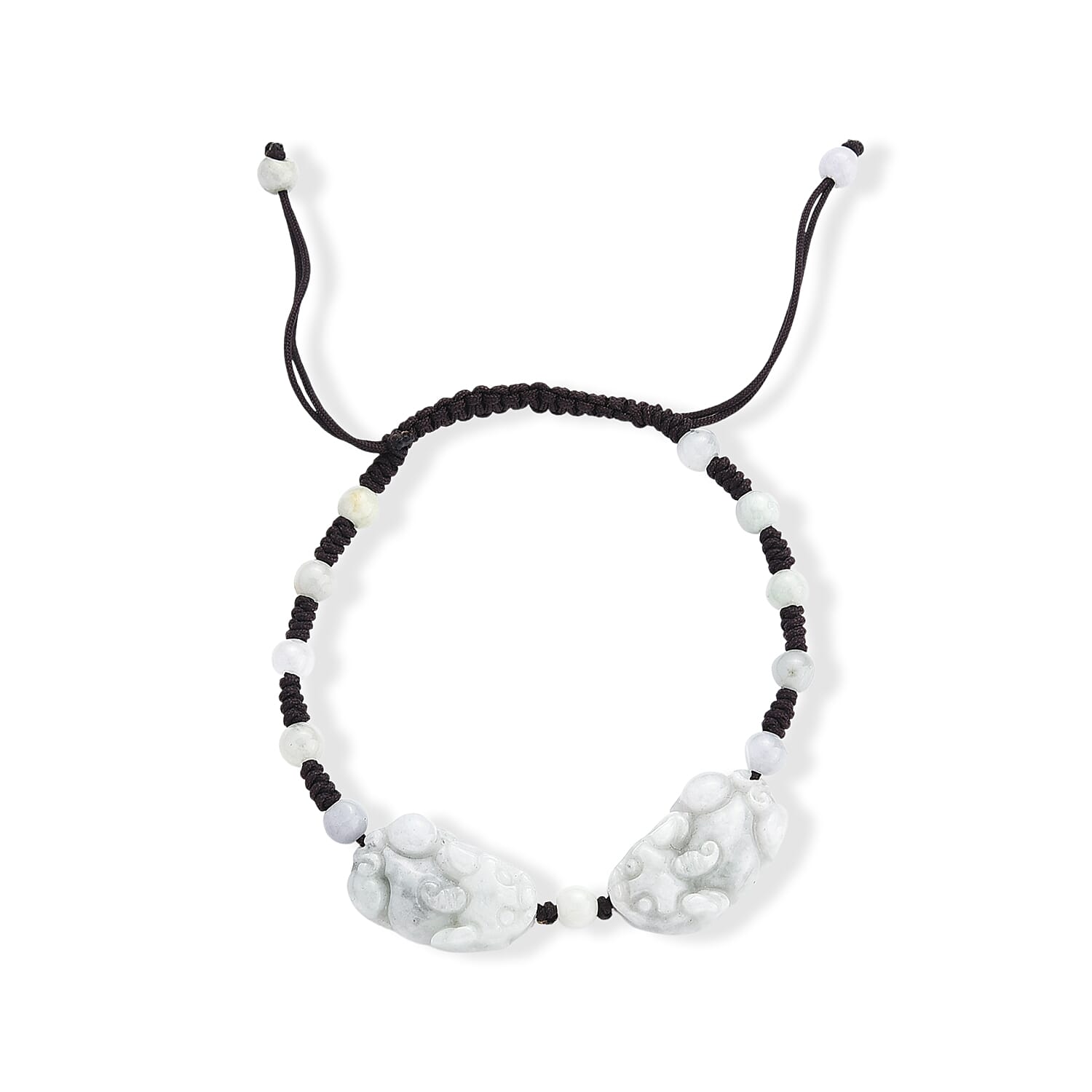 Natural Jade 30.00 ctw Carved Foo Dog and Beaded Adjustable Bracelet in Silvertone