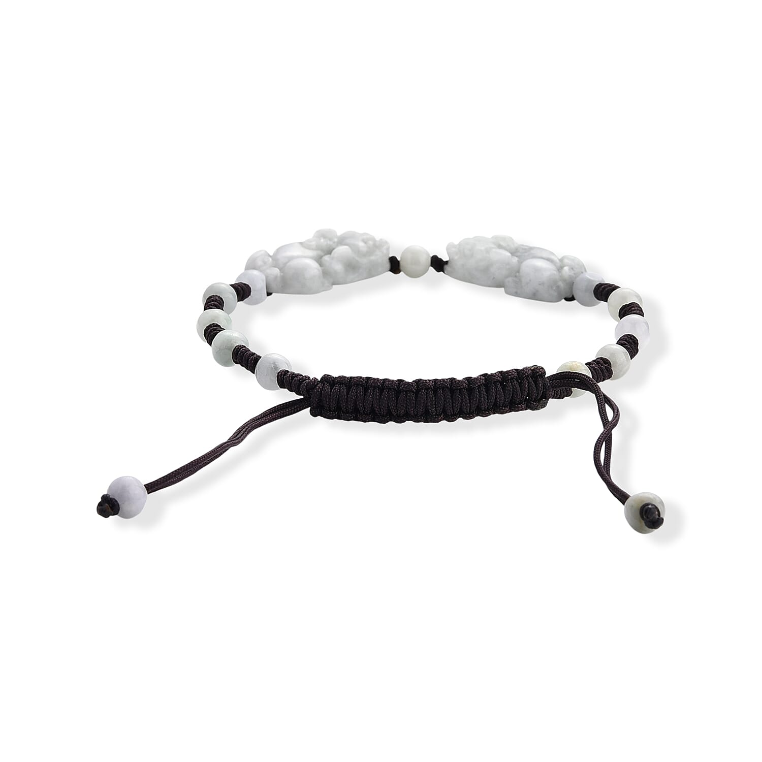 Natural Jade 30.00 ctw Carved Foo Dog and Beaded Adjustable Bracelet in Silvertone