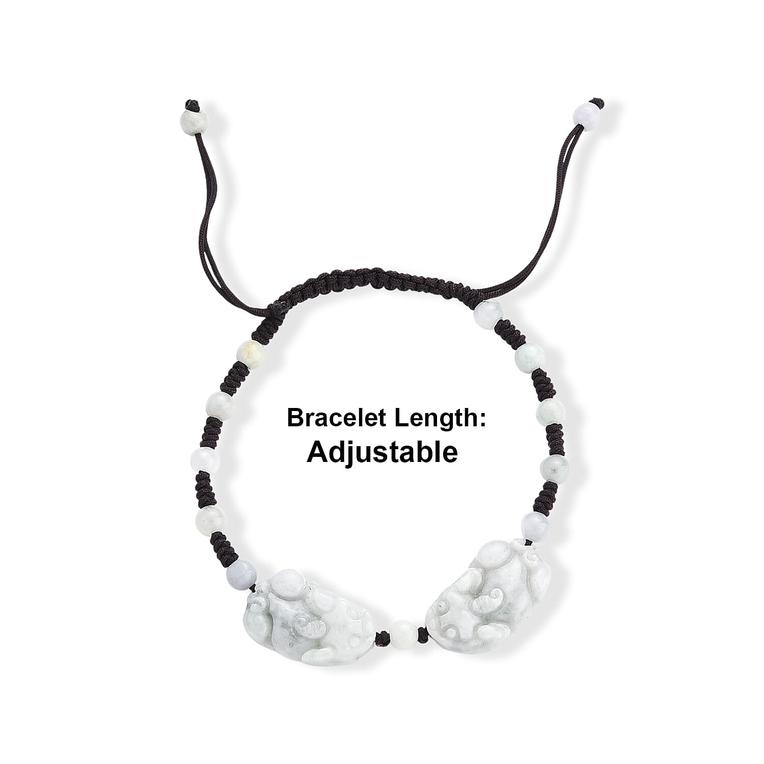Natural Jade 30.00 ctw Carved Foo Dog and Beaded Adjustable Bracelet in Silvertone