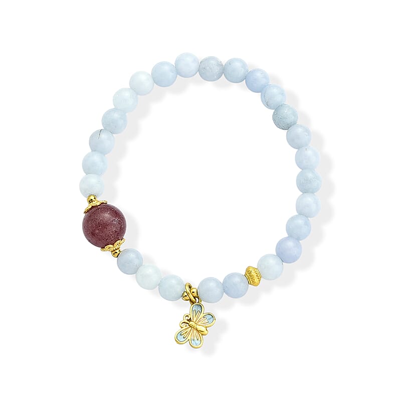Aquamarine and Strawberry Quartz 40.00 ctw Beaded Stretch Bracelet with Butterfly in Goldtone (6-6.5In)