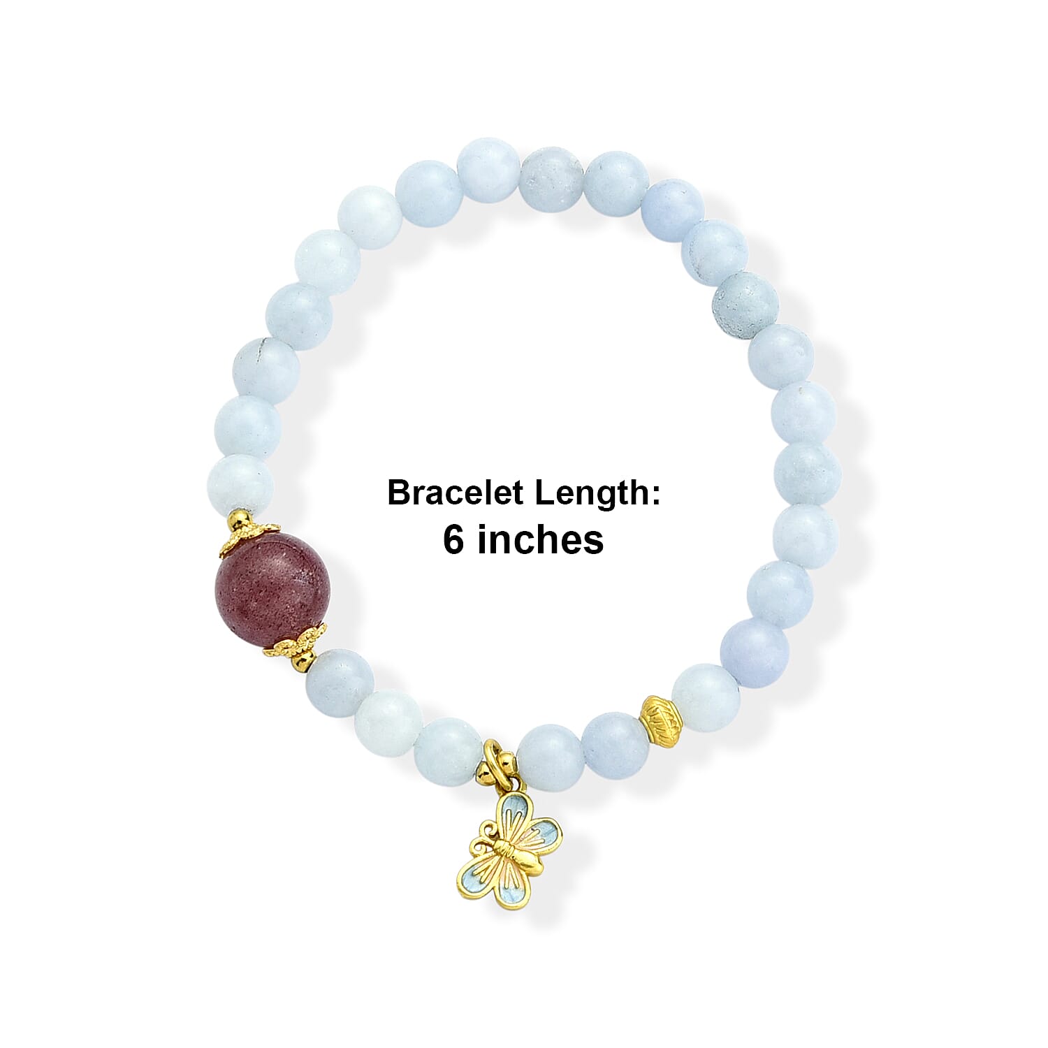 Aquamarine and Strawberry Quartz 40.00 ctw Beaded Stretch Bracelet with Butterfly in Goldtone (6-6.5In)