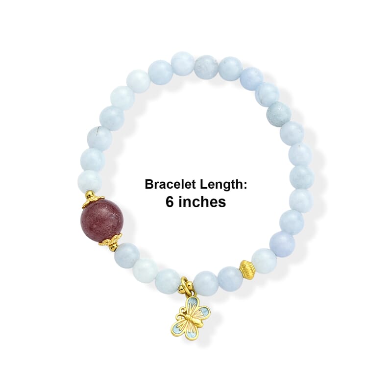 Aquamarine and Strawberry Quartz 40.00 ctw Beaded Stretch Bracelet with Butterfly in Goldtone (6-6.5In)