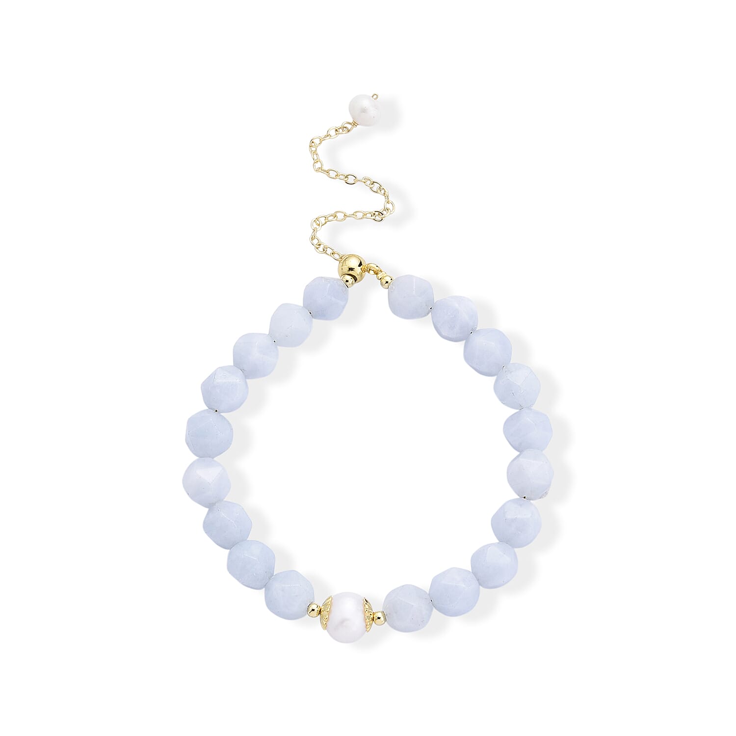 Aquamarine Beaded and Freshwater Pearl 35.00 ctw Stretch Bracelet in Goldtone (6-6.5In)