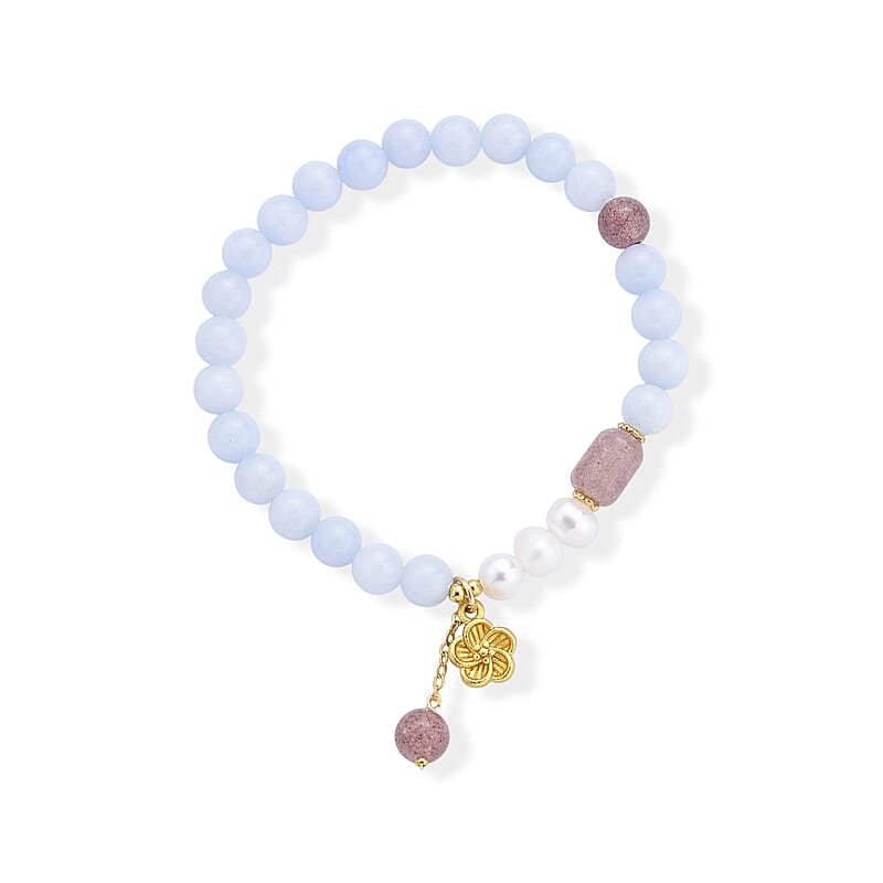 Aquamarine and Multi Gemstone 40.00 ctw Beaded Stretch Bracelet with Flower Charm in Goldtone (6-6.5In)