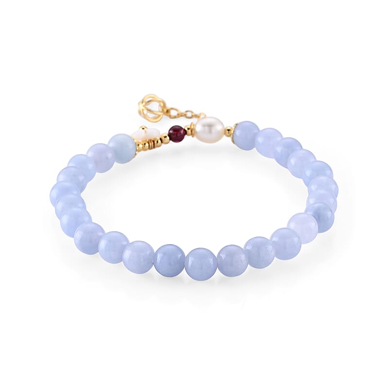 Aquamarine and Strawberry Quartz 40.00 ctw Beaded Stretch Bracelet in Goldtone (6-6.5In)