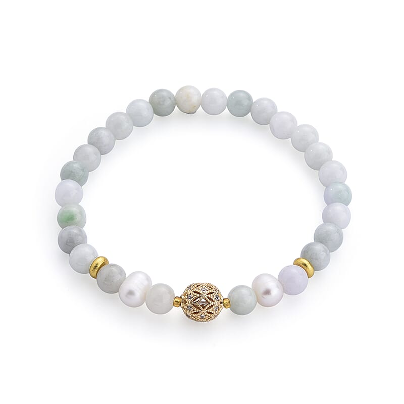 Nephrite Jade 36.00 ctw Beaded Stretch Bracelet in Goldtone (6-6.5In)