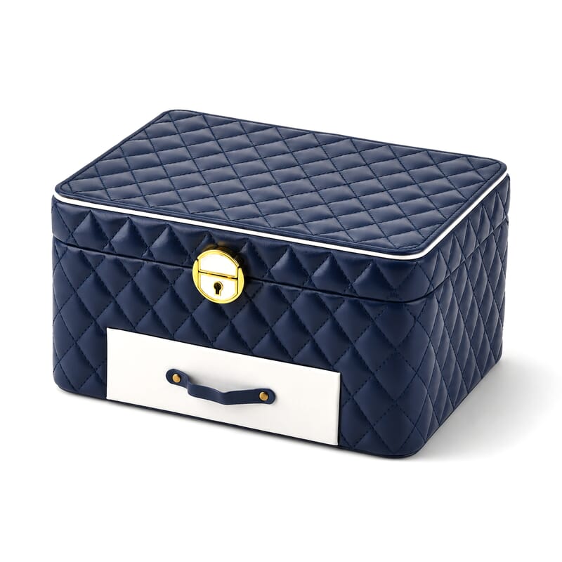 Blue Faux Leather and Velvet 3 Layer Jewelry Box with Key