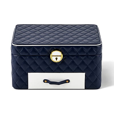 Blue Faux Leather and Velvet 3 Layer Jewelry Box with Key