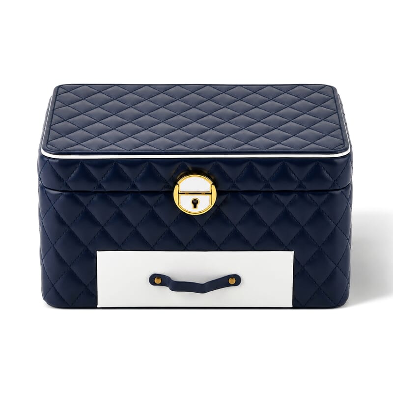 Blue Faux Leather and Velvet 3 Layer Jewelry Box with Key