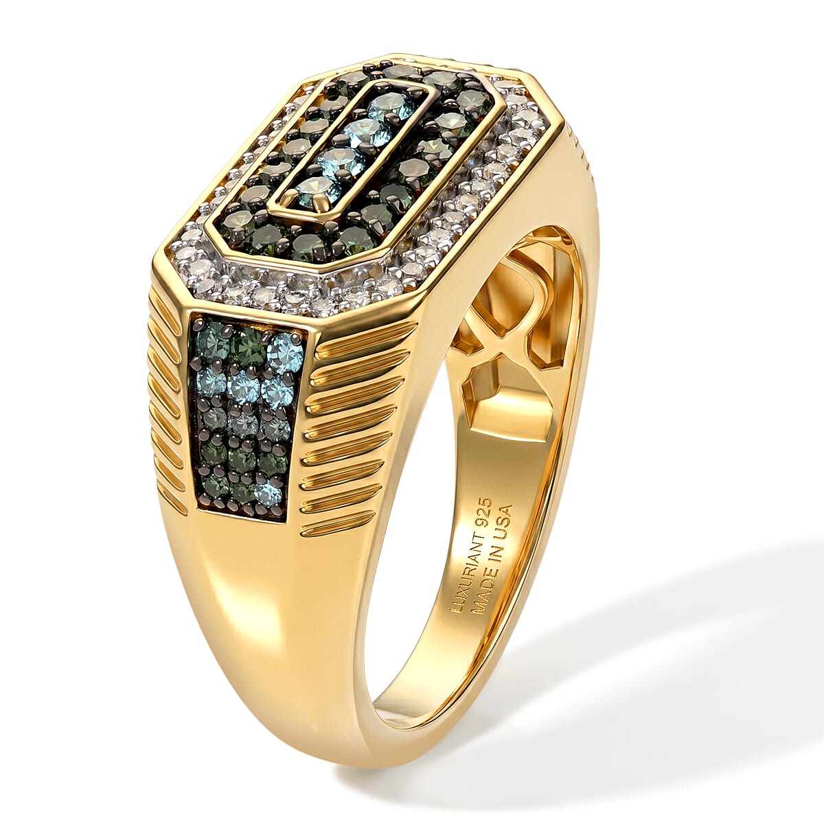 Luxuriant Lab Grown Green Diamond IR and Lab Grown Diamond SI 0.90 ctw Men's Ring in 18K Vermeil Yellow Gold Over Sterling Silver (Size 11.0) image number 2