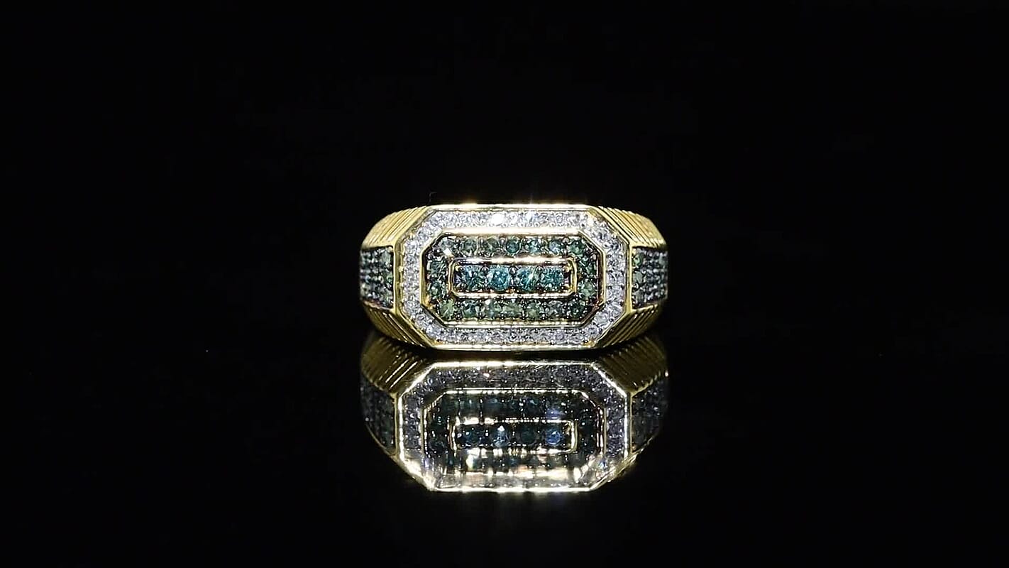 Luxuriant Lab Grown Green Diamond (IR), Lab Grown Diamond (SI) Men's Ring in 18K Vermeil YG Over Sterling Silver (Size 10.0) 0.90 ctw