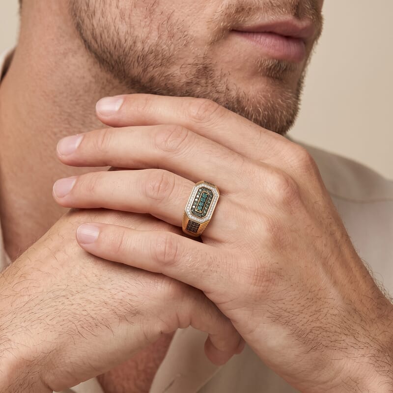 Luxuriant Lab Grown Green Diamond IR and Lab Grown Diamond SI 0.90 ctw Men's Ring in 18K Vermeil Yellow Gold Over Sterling Silver (Size 12.0)