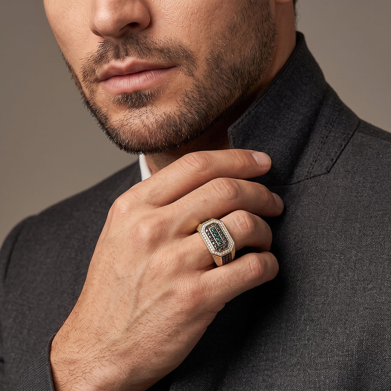 Luxuriant Lab Grown Green Diamond IR and Lab Grown Diamond SI 0.90 ctw Men's Ring in 18K Vermeil Yellow Gold Over Sterling Silver (Size 12.0)