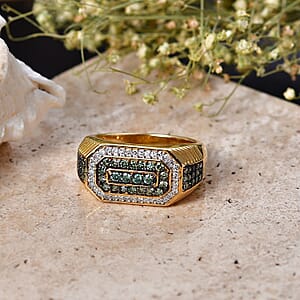 Luxuriant Lab Grown Green Diamond (IR), Lab Grown Diamond (SI) Men's Ring in 18K Vermeil YG Over Sterling Silver (Size 10.0) 0.90 ctw