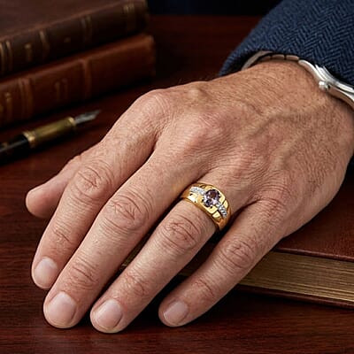 Premium Platinum Spinel and Luxuriant Lab Grown Diamond G-H SI 1.00 ctw Men's Ring in 18K Vermeil Yellow Gold Over Sterling Silver (Size 9.0)