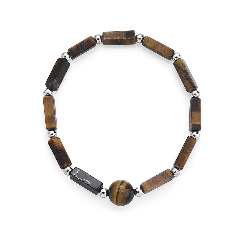 Yellow Tiger Eye 25.00 ctw Beaded Bracelet in Silvertone (7-7.5)