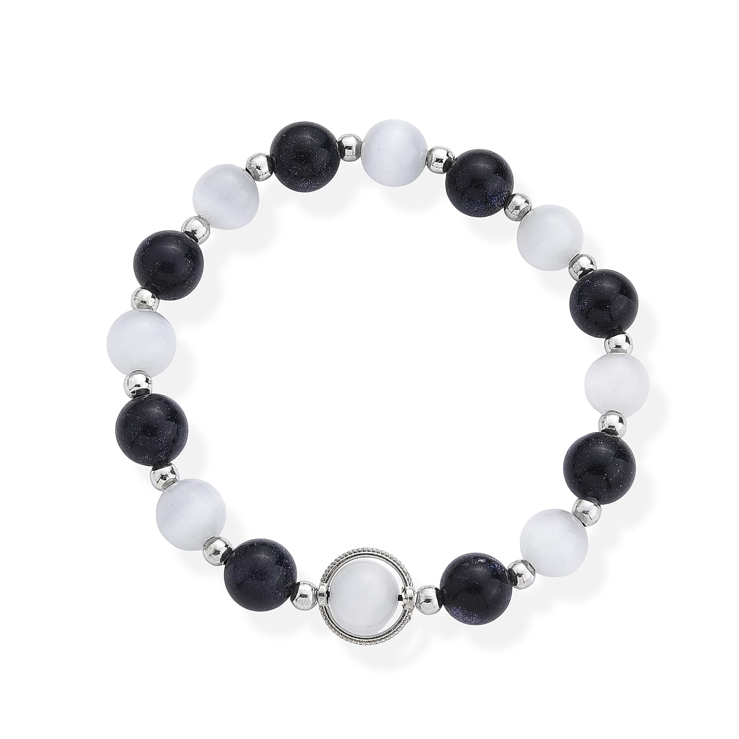 Blue Sandstone and White Cat Eye 70.00 ctw Beaded Bracelet in Silvertone (7-7.5)
