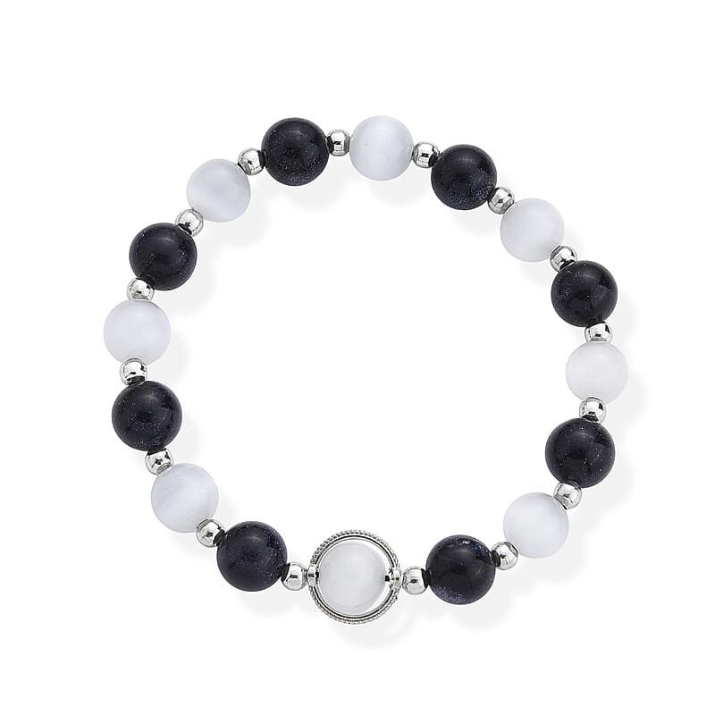 Blue Sandstone and White Cat Eye 70.00 ctw Beaded Bracelet in Silvertone (7-7.5)