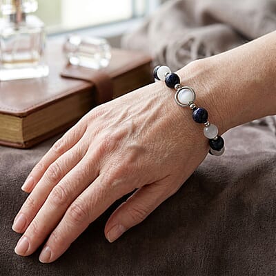 Blue Sandstone and White Cat Eye 70.00 ctw Beaded Bracelet in Silvertone (7-7.5)