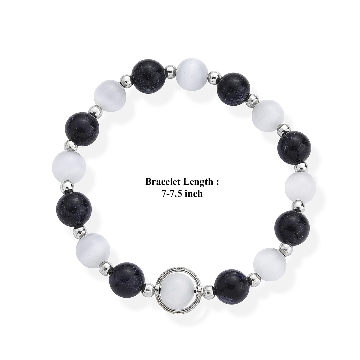 Blue Sandstone and White Cat Eye 70.00 ctw Beaded Bracelet in Silvertone (7-7.5)