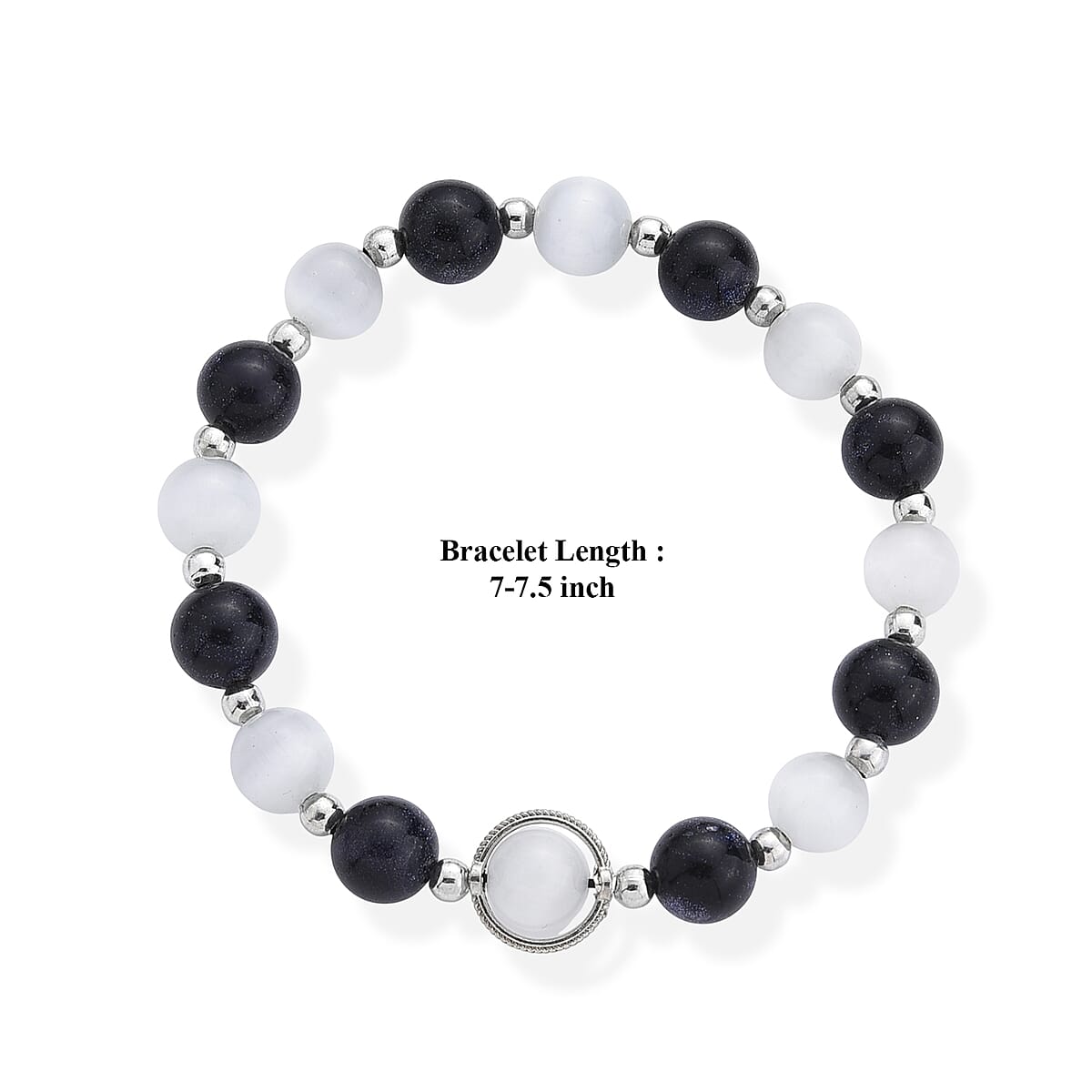 Blue Sandstone & White Cat Eye Beaded Bracelet in Silvertone (7-7.5) 70.00 ctw image number 3