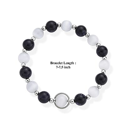 Blue Sandstone and White Cat Eye 70.00 ctw Beaded Bracelet in Silvertone (7-7.5)
