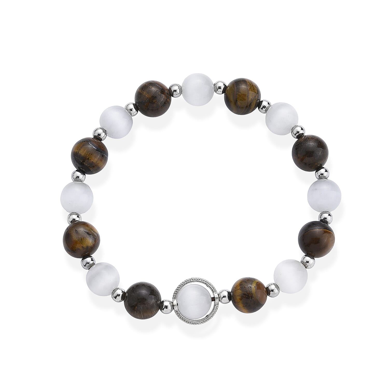 Yellow Tiger Eye and White Cat Eye 70.00 ctw Beaded Bracelet in Silvertone (7-7.5)
