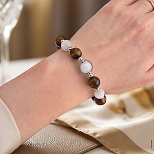 Yellow Tiger Eye and White Cat Eye 70.00 ctw Beaded Bracelet in Silvertone (7-7.5)