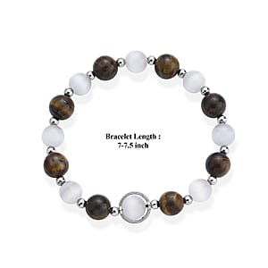 Yellow Tiger Eye and White Cat Eye 70.00 ctw Beaded Bracelet in Silvertone (7-7.5)