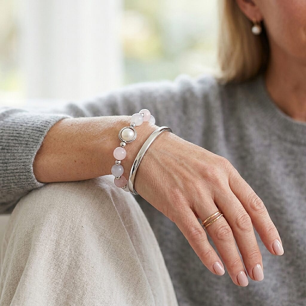 Rose Quartz and White Cat Eye 70.00 ctw Beaded Bracelet