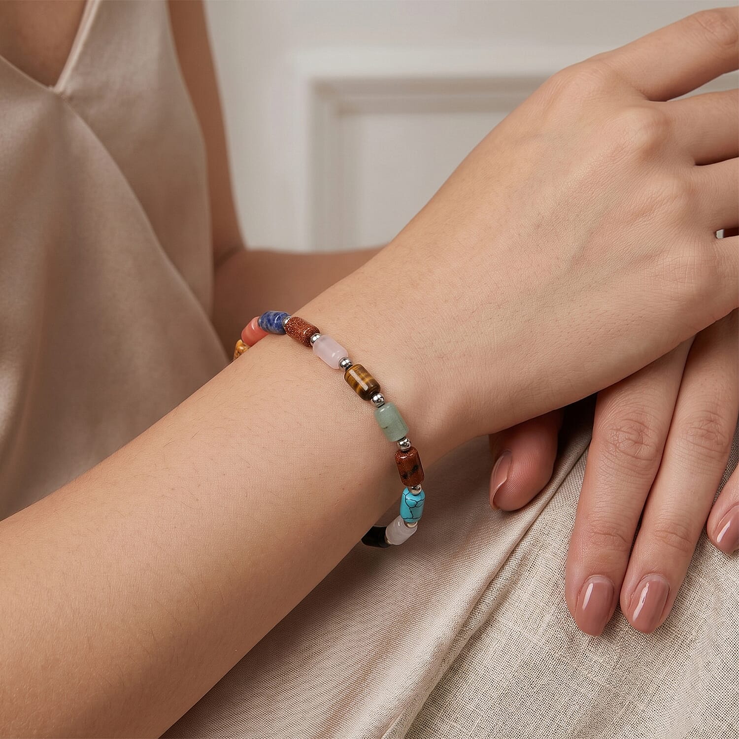 Multi Gemstone 25.00 ctw Beaded Bracelet in Silvertone (7-7.5)