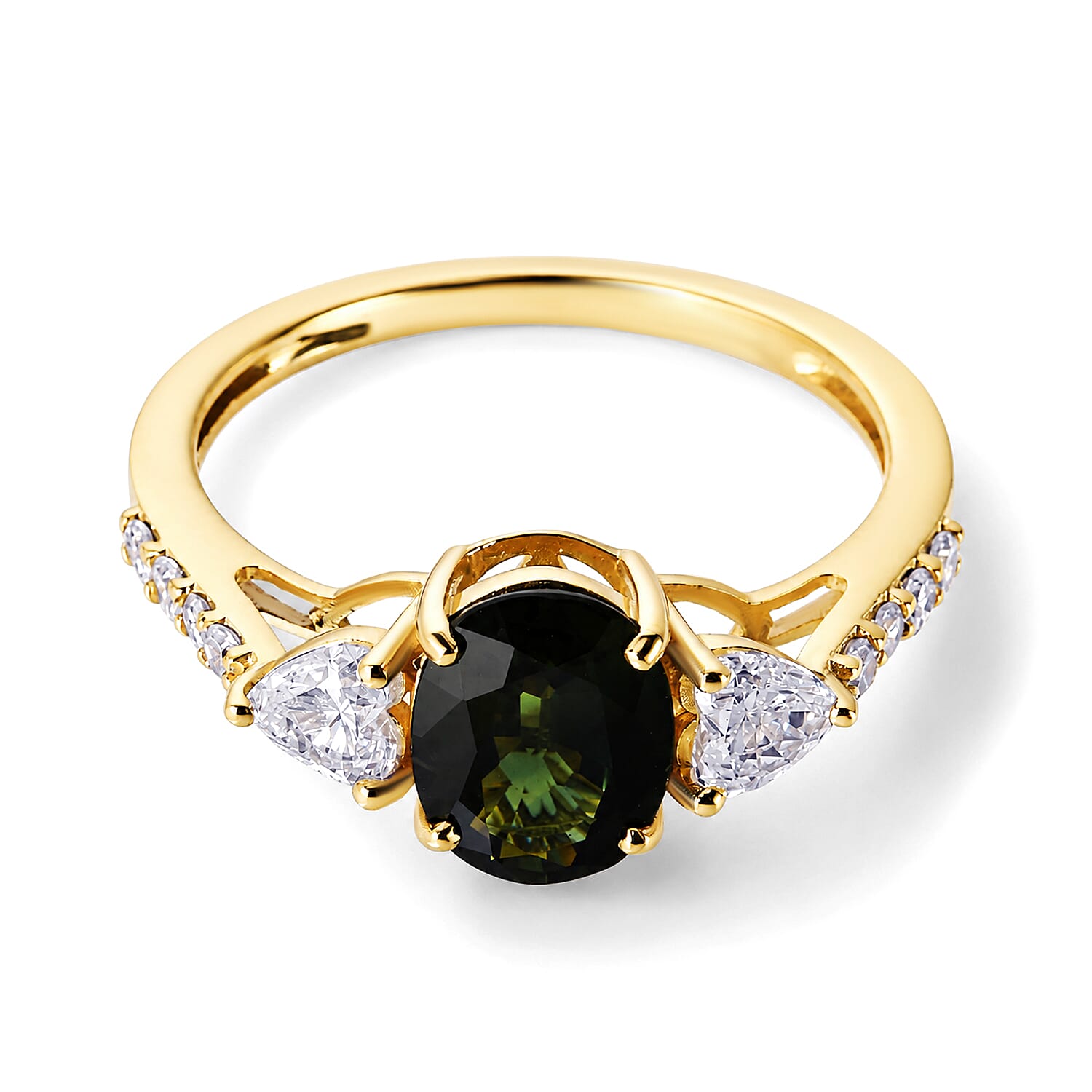 10K Yellow Gold AAA Malawi Green Sapphire, Luxuriant Lab Grown Diamond (E-F, VS) (0.70 cts) Majestic Spotlight Ring (Size 10.0) 3.20 ctw