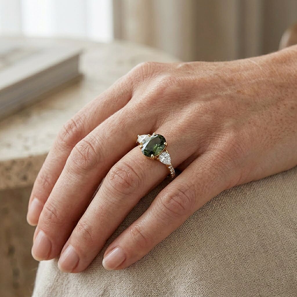 AAA Sapucaia Green Sapphire and Luxuriant Lab Grown Diamond E-F VS 3.20 ctw The Verdant Majesty Ring in 10K Yellow Gold (Size 7.0)