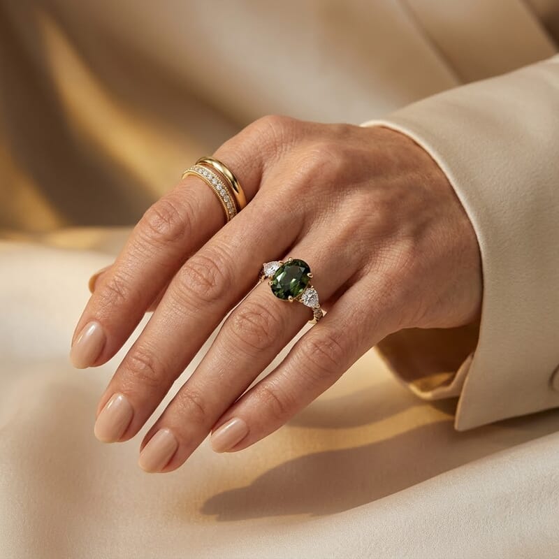 AAA Sapucaia Green Sapphire and Luxuriant Lab Grown Diamond E-F VS 3.20 ctw The Verdant Majesty Ring in 10K Yellow Gold (Size 7.0)