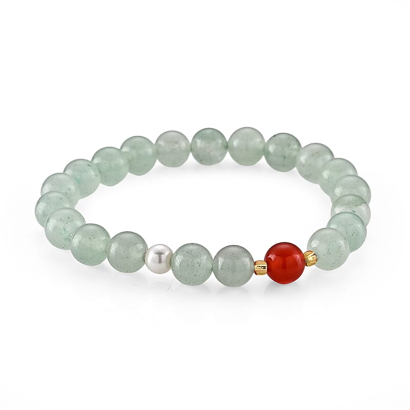 Green Aventurine and Red Agate 90.00 ctw Beaded Stretch Bracelet in Goldtone (6-6.5In)