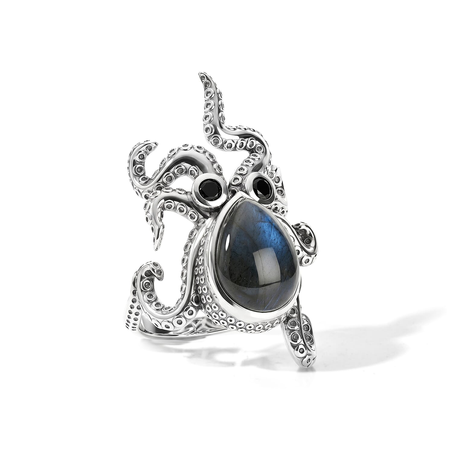 GP Trionfo Collection Artisan Crafted AAA Malagasy Labradorite, Thai Black Spinel Octopus Ring in Sterling Silver (Size 10.0) 6.00 ctw