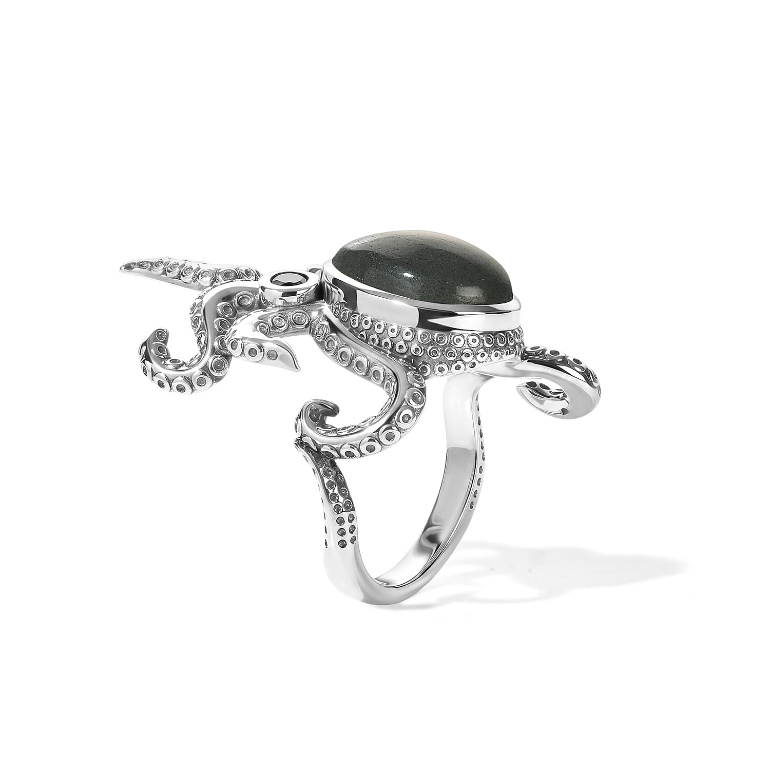 GP Artisan Crafted AAA Malagasy Labradorite and Thai Black Spinel 6.00 ctw Octopus Ring in Sterling Silver (Size 6.0)