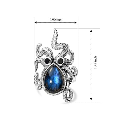 GP Artisan Crafted AAA Malagasy Labradorite and Thai Black Spinel 6.00 ctw Octopus Ring in Sterling Silver (Size 6.0)