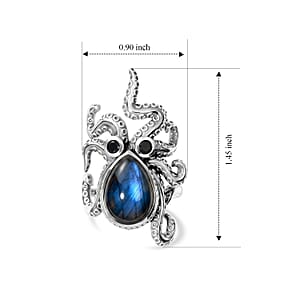 GP Trionfo Collection Artisan Crafted AAA Malagasy Labradorite and Thai Black Spinel 6.00 ctw Octopus Ring in Sterling Silver (Size 8.0)