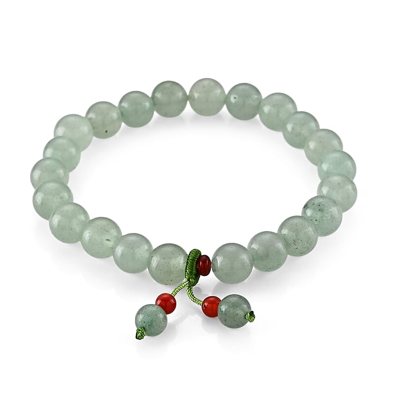 Green Aventurine 95.00 ctw and Glass Beaded Stretch Bracelet in Silvertone (6.25-6.75In)