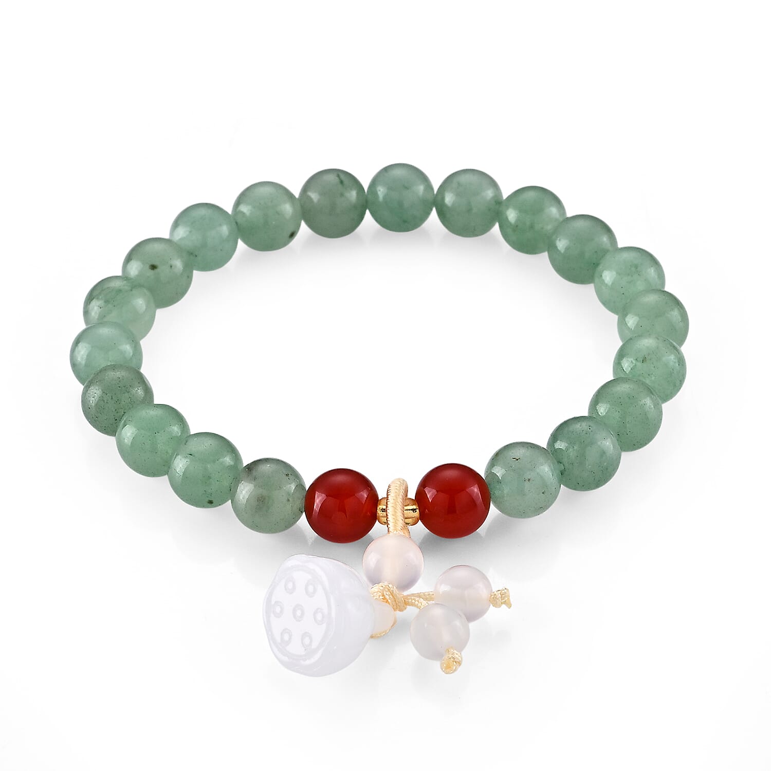 Green Aventurine, Red Agate and Glass 100.00 ctw Beaded Stretch Bracelet in Goldtone (6.25-6.75In)