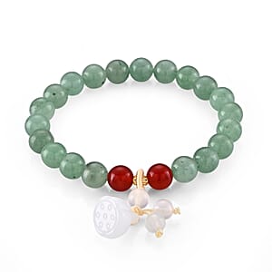 Green Aventurine, Red Agate and Glass 100.00 ctw Beaded Stretch Bracelet in Goldtone (6.25-6.75In)