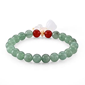 Green Aventurine, Red Agate and Glass 100.00 ctw Beaded Stretch Bracelet in Goldtone (6.25-6.75In)